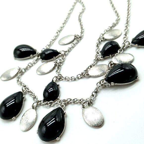 Synthetic Black Cabochon & Silver-tone Double Strand Necklace 16-19" NWOT - Picture 8 of 12